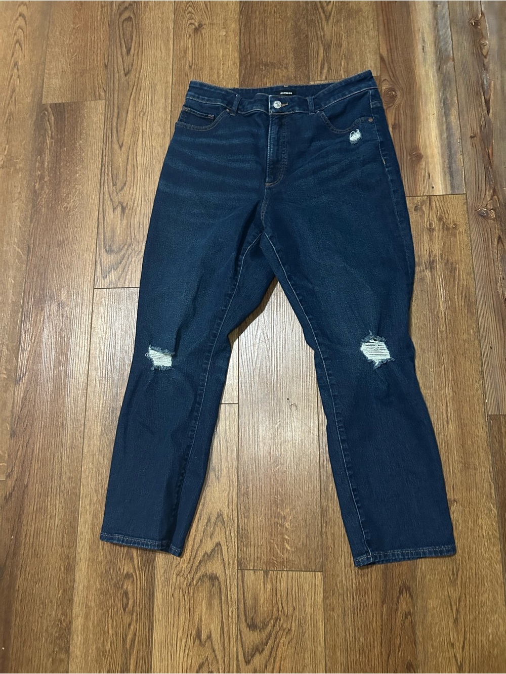 Express Women's Curvy Slim Super High Rise Dark Wash Distressed Blue Denim Jeans